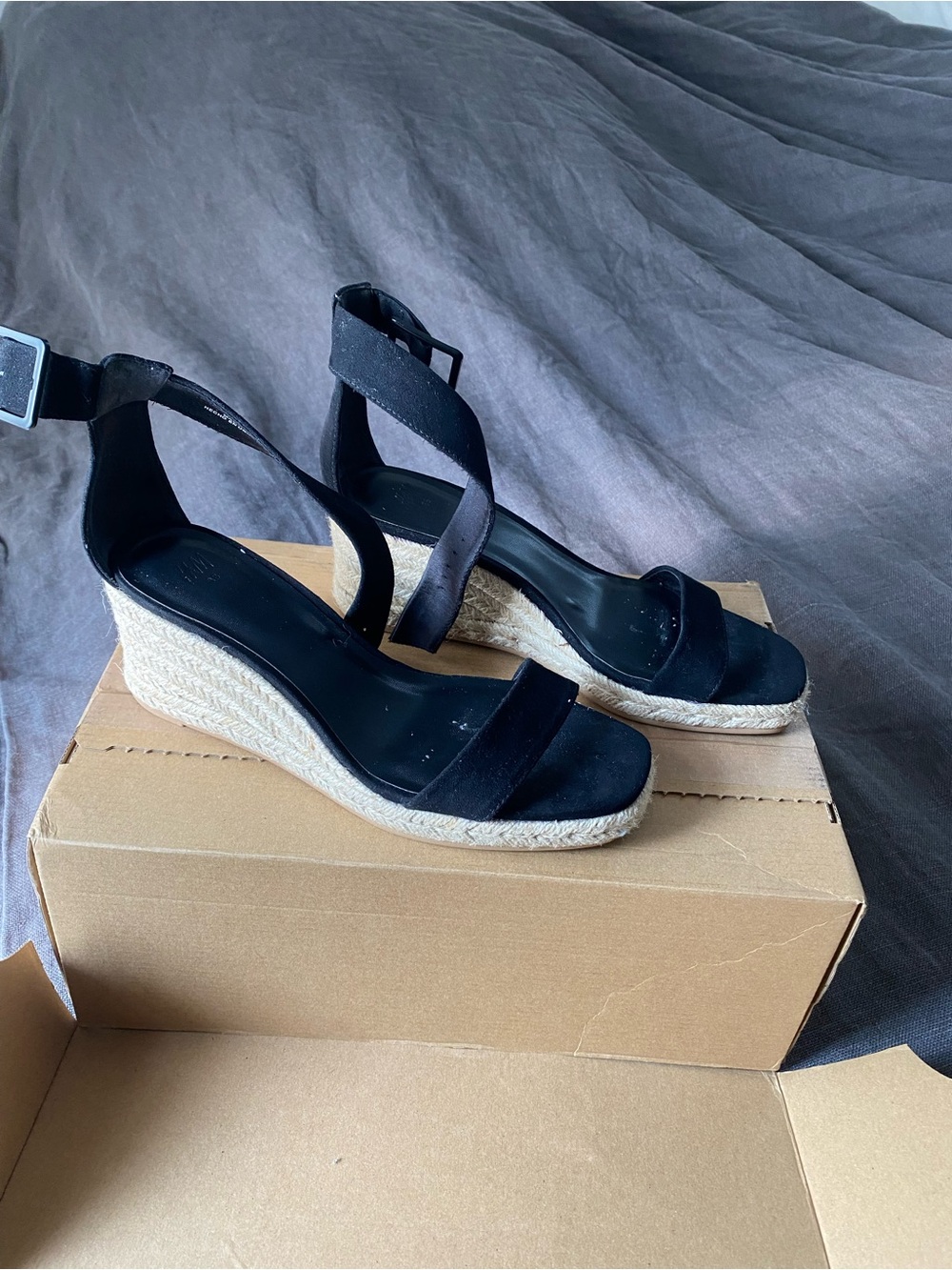 H&M Shoes Faux Suede Espadrille Wedge Open Toe Sandal Ankle Strap Women’s 38